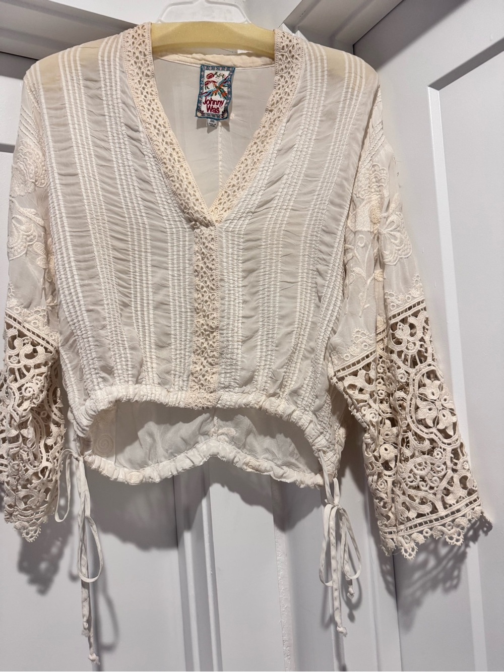 Johnny Was Cream Crochet-Trim V-Neck Peasant Blouse